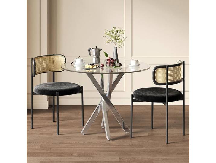 Table ronde 80x80x75 cm verre trempé pieds galvanisés argentés design moderne