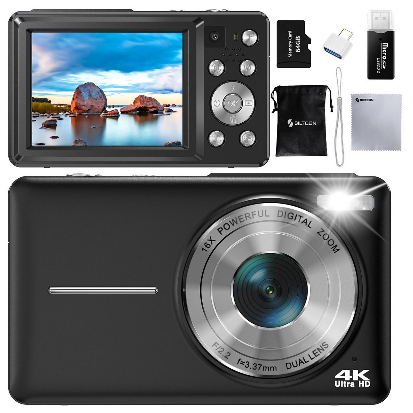 Siltcon Digitale Camera - 4K Ultra HD & 64MP - Compacte Vlog Camera met 16x Zoom en 64GB SD-kaart