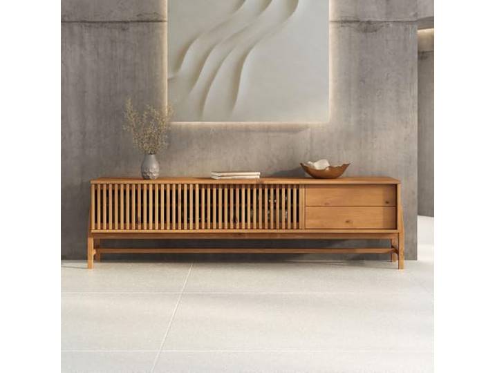IDIMEX Lowboard Adamo 180 cm aus Massivholz, Eiche Finish - TV Kommode mit Lamellenschiebetüren, TV Lowboard für Wohnzimmer, Sideboard mit 2 Schubladen, Wohnzimmer TV Schrank
