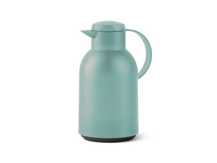 Emsa Samba Isolierkanne, 1,5 Liter Fassungsvermögen, Quick Press Verschluss, 100% dicht, 12h heiß und 24h kalt, mit Glaskolben, made in Germany, Transluzent/Puder-Grün, N4012100