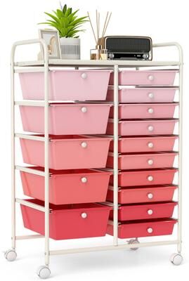 Costway 15-Drawer Utility Rolling Organizer Cart Multi-Use Storage-Gradient Pink