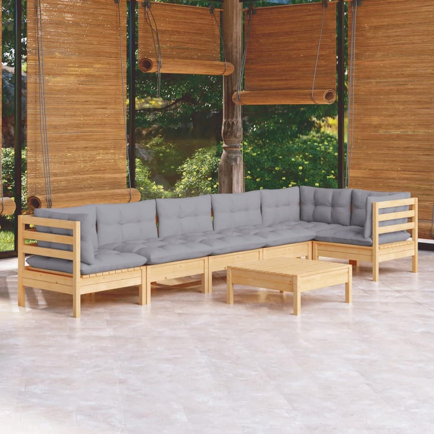 7-TLG. Gartenlounge Set Gartensofa Gartenmöbel Set Sitzgruppe Gartenlounge Loungemöbel Sitzgarnitur Gartengarnitur mit Grauen Kissen Kiefernholz
