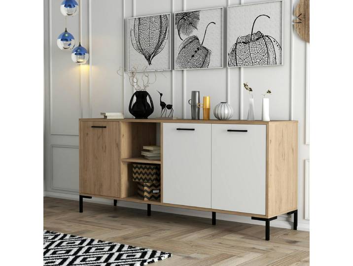 Buffet moderne effet bois et blanc, niches ouvertes JENA