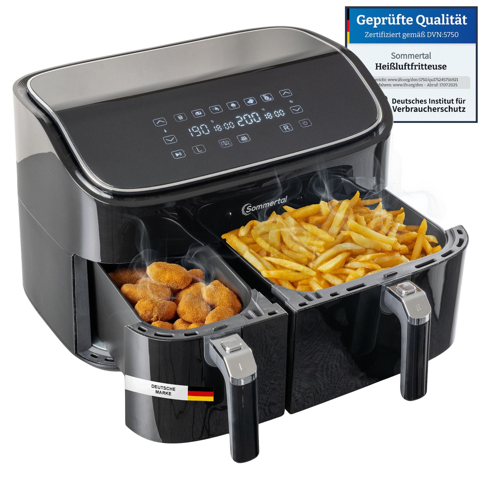 Sommertal Heißluftfritteuse HF DUAL 900 mit Doppelkammer 9 Liter XXL Airfryer & Dörrgerät 2850W Digitales Touch Display 3D Umluftsystem Vorheizen Synchronisierungsfunktion