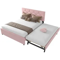 OKWISH Polsterbett 140x200 mit Rollcontainer, Samtbezug, MDF-Rahmen, platzsparend, elegant, minimalistisch, stabil, Rosa