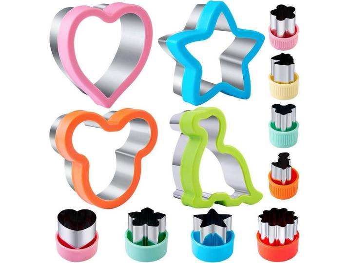 Ausstechformen Set 12-teilig Kinder Brot Gemüse Dino Mickey, Mehrfarbig, Metall, 8x2x8 cm, Backen & Backzubehör, Keksausstecher