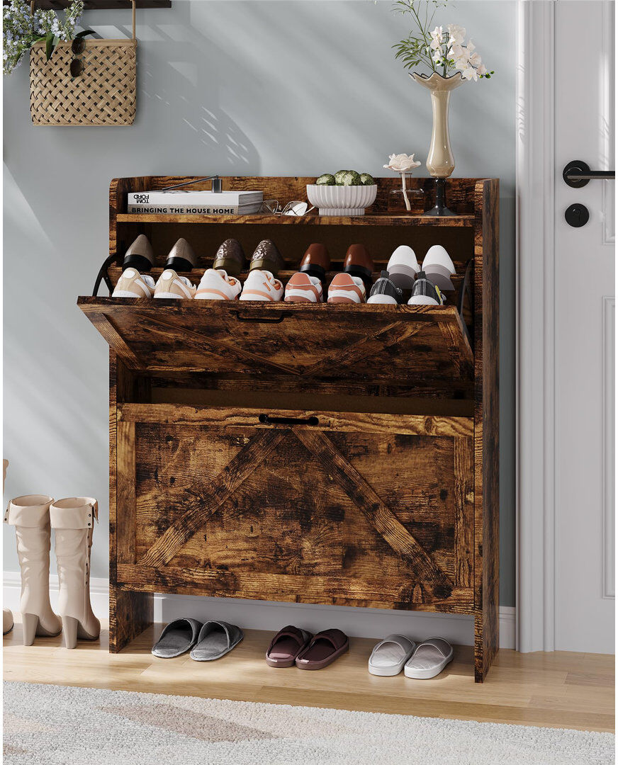 Brambly Cottage 16 Pair Solid Wood Shoe Storage Cabinet Dark Brown Wood 16