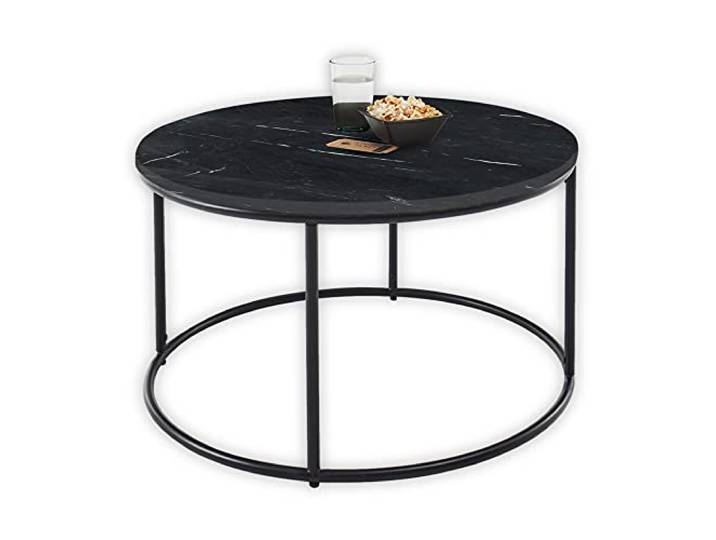 Stella Trading BELFORT Couchtisch Marmor rund schwarz mit schwarzem Metallgestell - Stilvoller Wohnzimmertisch mit hochwertiger Marmorplatte - 80 x 46 x 80 cm (B/H/T)