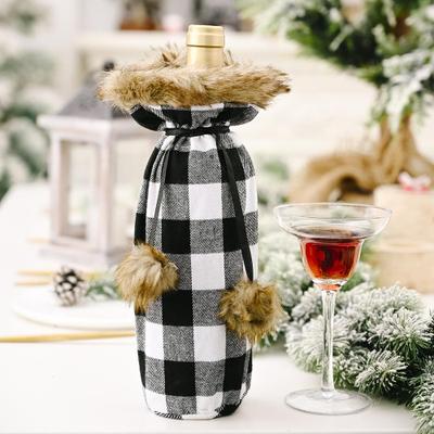 Inspired Deals Plaid Christmas Wine Bottle Cover With Pom Poms And Faux Fur Trim Holiday Wine Gift Bag black And White