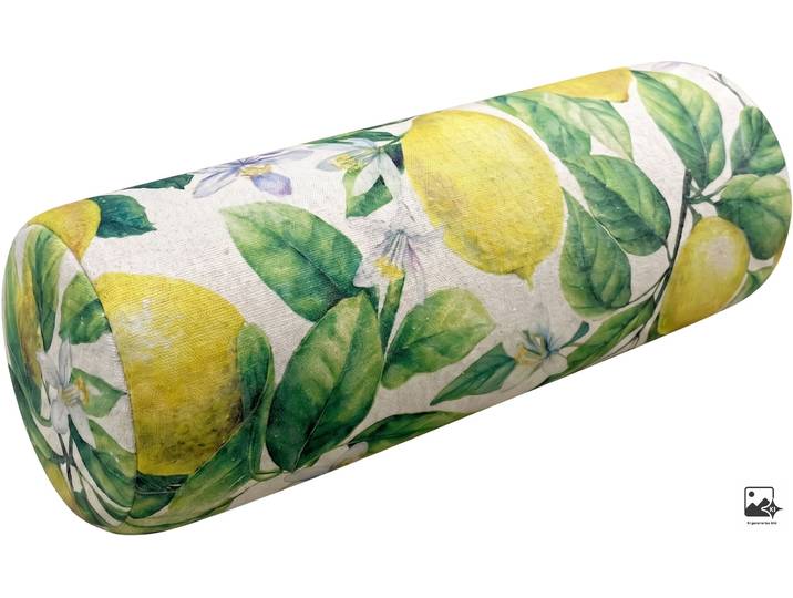 Nackenrolle DONE. LEMON , beige, gelb, Leinen, Polyester, Funktionskissen, Nackenrolle, Bedruckt
