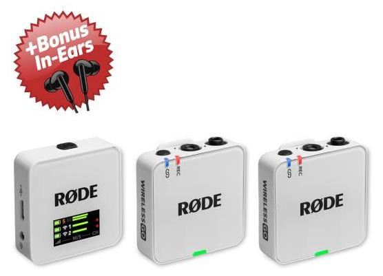 Rode Wireless GO Gen 3 draadloos microfoonsysteem, wit met bonus in-ear hoofdtelefoon