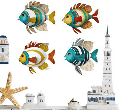Uplift Curations CoastalCharm 4PCS Wooden Tropical Fish Wall Art Nautical Rustic Decor Set 03