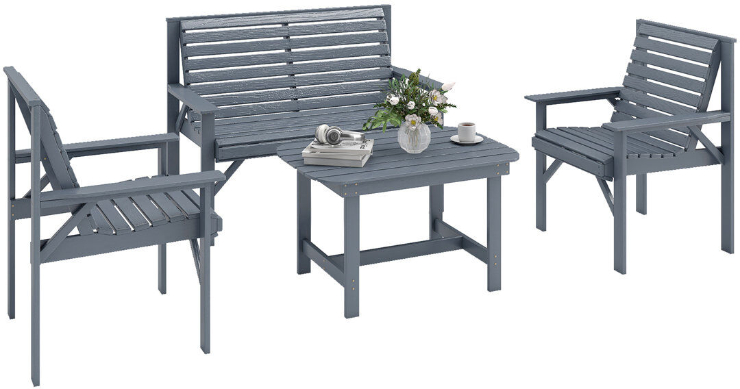 Outsunny 4 Seater Wooden Garden Furniture Set 4 Piece Embossed Finish Grey Embossed Finish 4