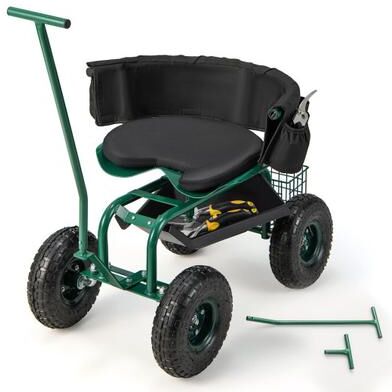Costway Rolling Garden Cart with Height Adjustable Swivel Seat and Storage Basket-Green