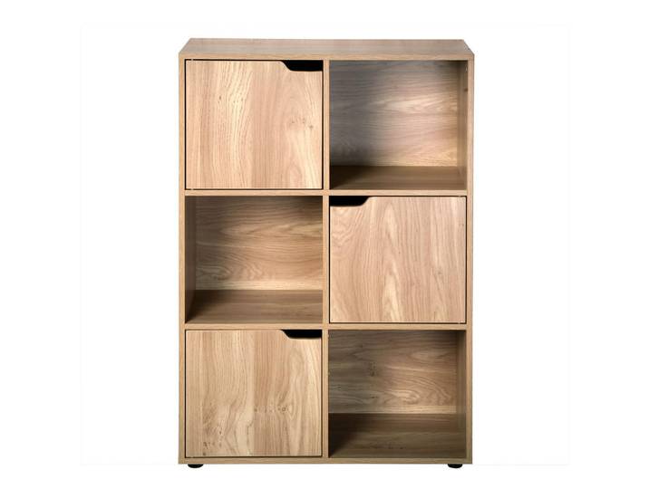 Calicosy Möbelstück mit 6 Fächern und drei Türen 29/90/60 cm, Eichefarben, Holzwerkstoff, 60x90x29 cm, Wohnzimmer, Regal, Bücherregale
