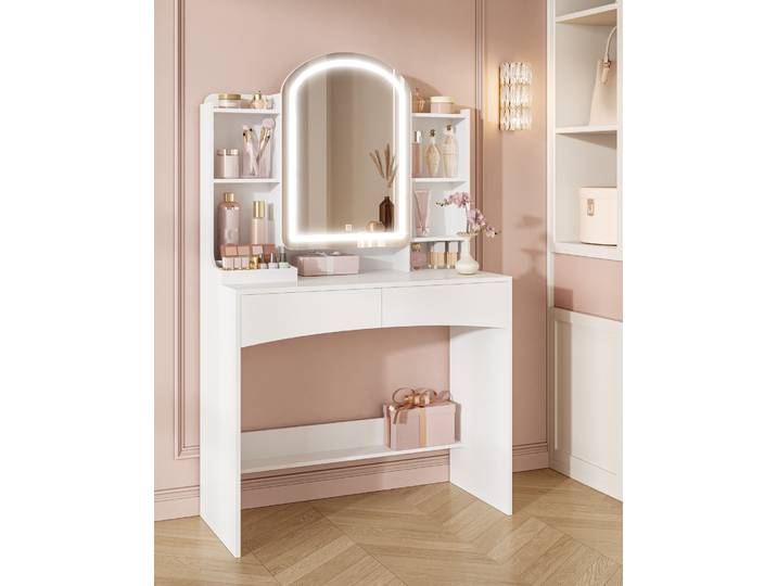 Table de maquillage avec éclairage LED, table de maquillage avec miroir rond incurvé, étagère à bijoux cachée derrière le miroir