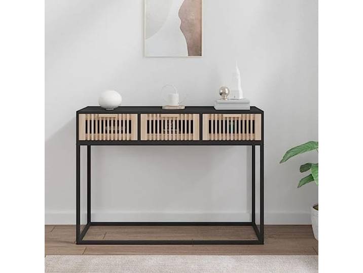 KLGBNCVE Konsolentisch Schwarz 105x30x75 cm Holzwerkstoff mit 3 Schubladen Skandinavisches Design, Holzwerkstoff glatte Oberfläche, Eisenbeine stabil, Schubladen für Ordnung, vielseitig nutzbar