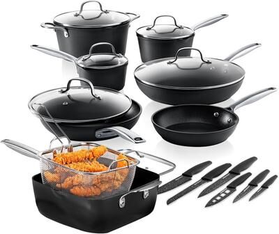 Granitestone Armor Max Nonstick Pots and Pans 20 Piece Kitchen Induction Cookware Knife Set, Black