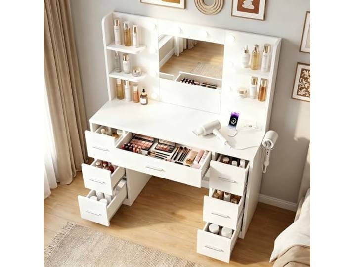 JUMMICO Großer Schminktisch mit dimmbarer LED-Beleuchtung & integrierten Steckdosen, 7 Schubladen, Frisiertisch mit Spiegel für Schlafzimmer, Weiß