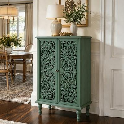 "Vintage 47"" Tall Hollow Carved Accent Cabinet with Storage Adjustable Shelf"