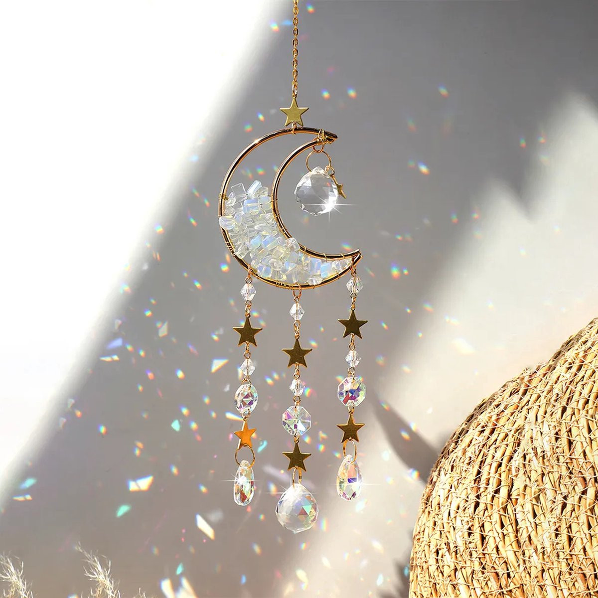 Cosy Casa Crystal Moon Suncatcher - Transparant en Goudkleurig - Kristallen Maan Zonvanger voor Raamdecoratie