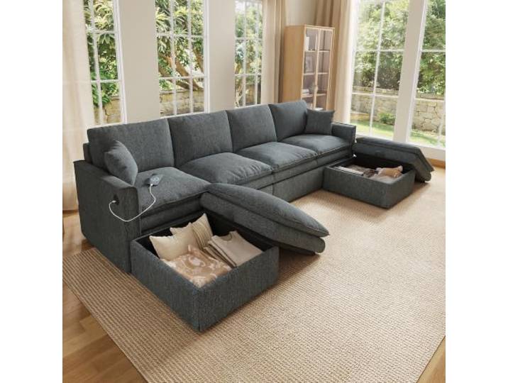 Merax U-Form Ecksofa 6-Sitzer, Modulares Sofa mit 2 Hockern,Grau Wendbare Hocker mit Stauraum, U-/L-Form flexibel stellbar,Taschenfederkern, weiche Polsterung und Baumwoll-Leinen-Bezug.