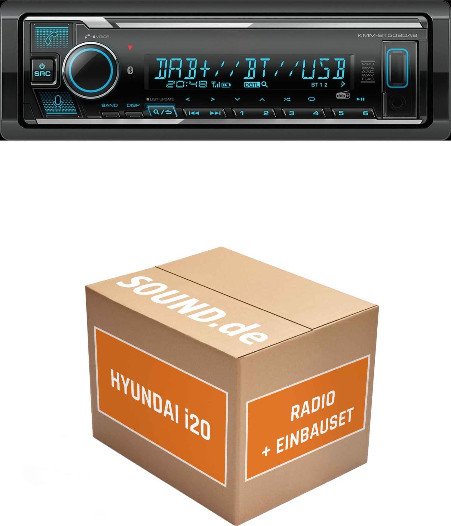 Autoradio Einbaupaket Kenwood KMM BT508DAB passend für Hyundai i20 PB + Multifunktionslenkrad Schwarz | Bluetooth Telefonieren DAB+