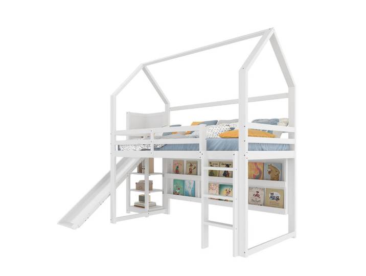 Redom Hochbett 90/200 cm mit LED-Beleuchtung, Rutsche, Regalen und Rolltreppe aus Kiefernholz, Weiß, Holz, 90x200 cm, Babymöbel & Kindermöbel, Kinderzimmer & Jugendzimmer, Kinderbetten, Hochbetten