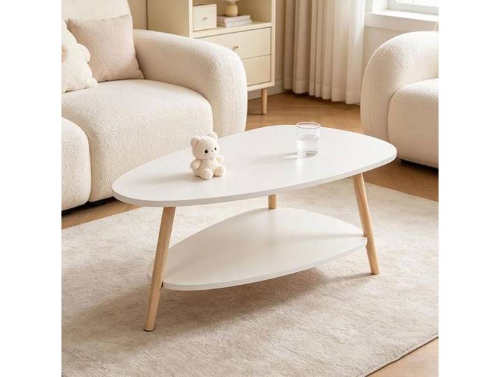 LVHCMFOHM Table Basse Scandinave 2 Niveaux - Plateau Blanc en Forme de Goutte - Table de Salon avec Pieds en Bois - 90x60x39 5 cm