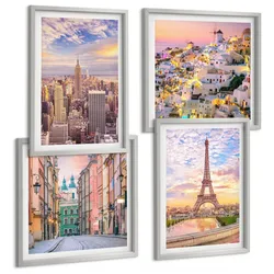 BILDER SET 4er Set - 50x50 cm & 40x60 cm Silberner Rahmen - New York Paris Oia Warschau Dämmerung