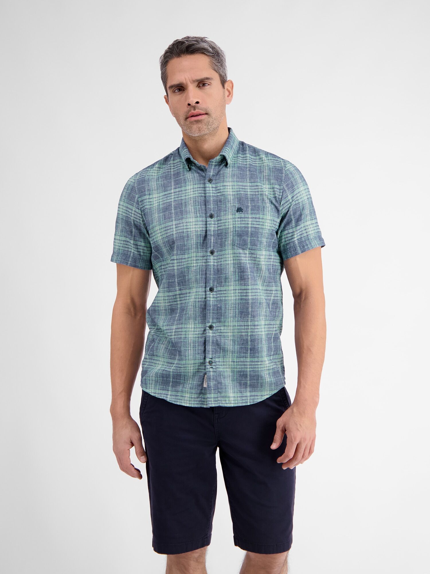Kurzarmhemd LERROS "Kariertes Kurzarmhemd für Herren", Herren, Gr. S, Normalgrössen, blau (storm blau), 60% Polyester, 40% Baumwolle, Hemden Kurzarmhemd storm blau S, Normalgrössen