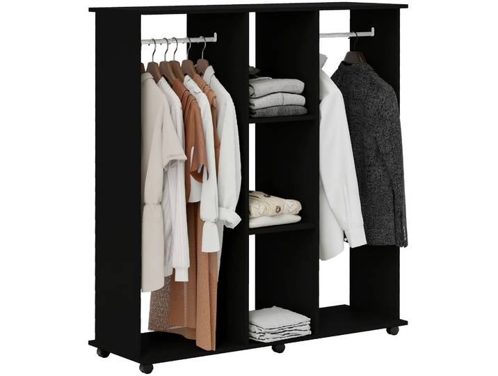Armoire penderie Meuble de Rangement Mobile 6 roulettes 120L x 40l x 128H cm en bois Noir