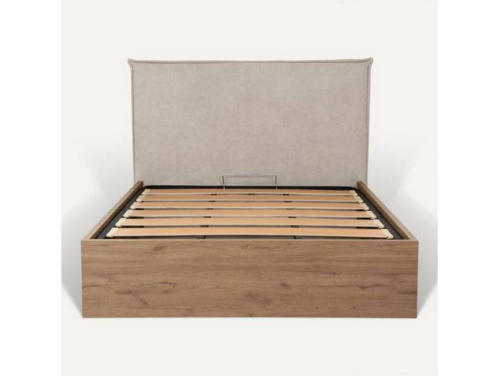 Lit coffre 140x190 cm SOAM imitation chêne & tissu beige