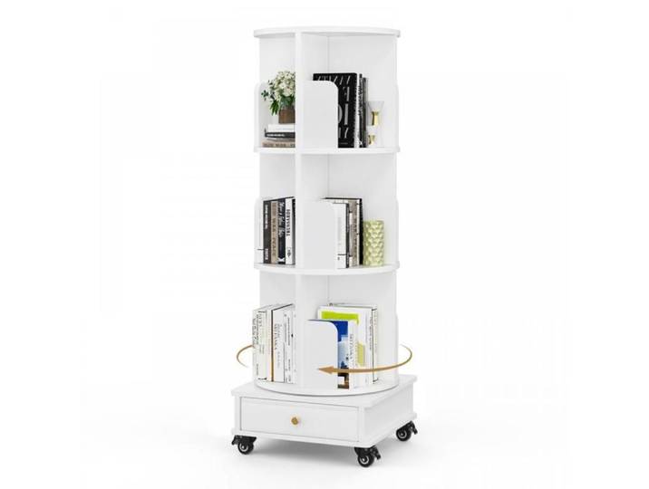 MIPAN Bibliothèque Colonne Ronde Rotative 3 Paliers Étagère Décorative Blanc Multifonction Avec Tiroir 40×40×115 CM