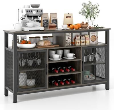 Costway 55-Inch Buffet Sideboard with 8-Bottle Wine Racks and Wine Glass Holders-Gray