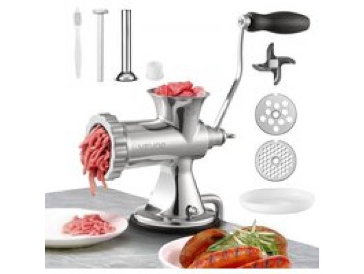 VEVOR Hachoir à Viande Manuel en Inox Alimentaire Hachoir Manuel à Manivelle 2 Plaques de Broyage 5/8 mm Poussoir à Saucisses 2 Façons de Fixation Serre-Joint Ventouse Broyage de la Viande Boucherie