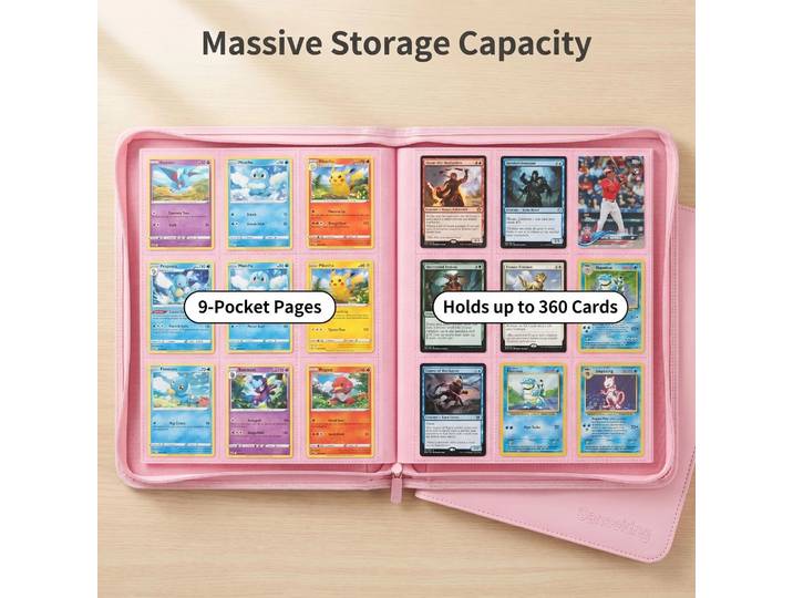 Sanseking 360 Card Binder, album de cartes à collectionner à 9 pochettes en cuir verni avec fermeture éclair pour cartes Pokémon, Yu-Gi-Oh, PTCG, porte-cartes de visite
