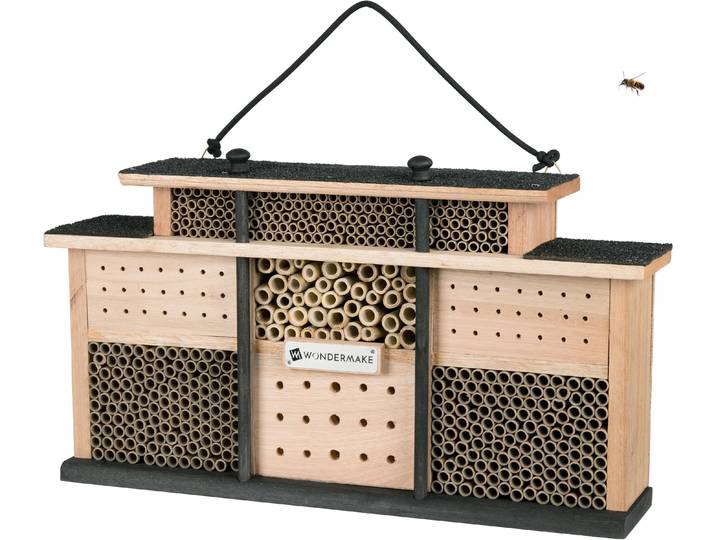 WONDERMAKE® Design Insektenhotel aus Holz mit 7 Zimmern und Terrasse, Bienenhotel groß hängend Nisthilfe für Wildbienen, Insektenhaus, braun schwarz
