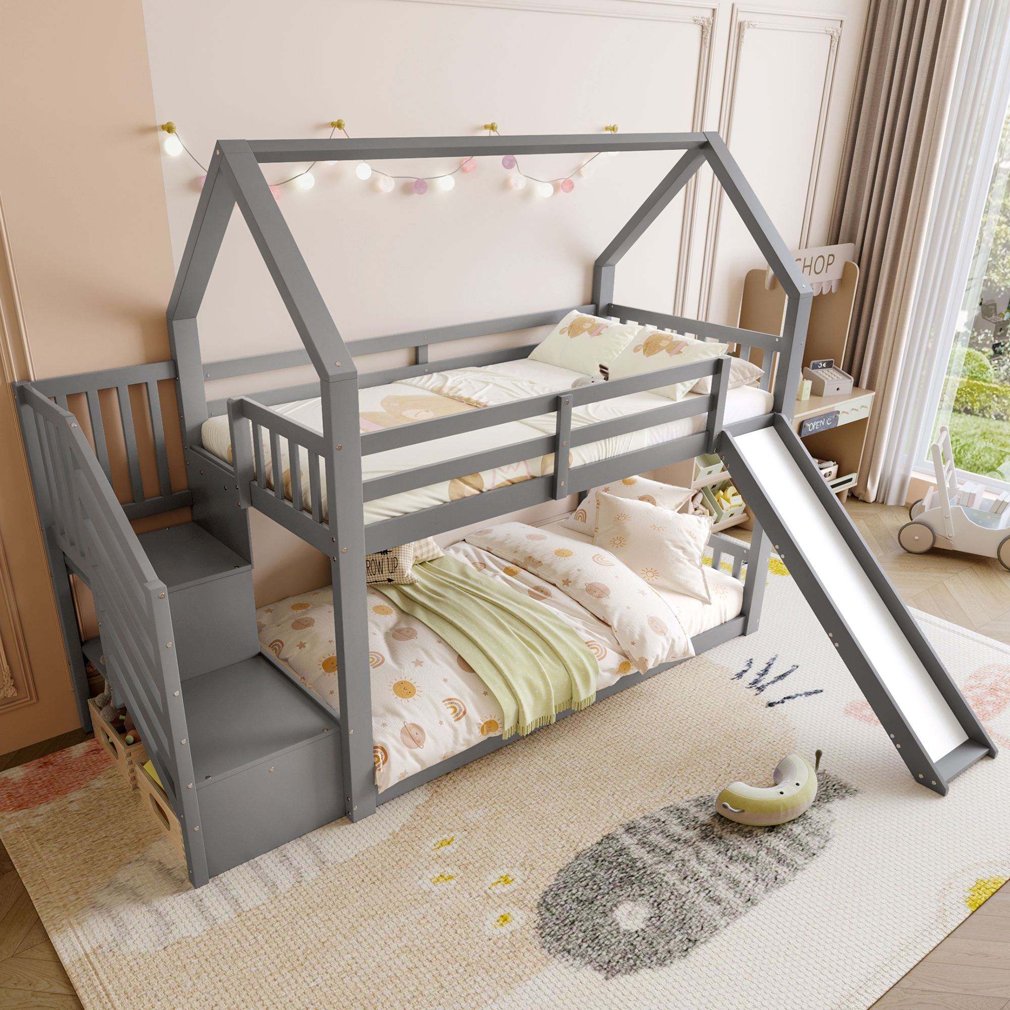 STILVORA Etagenbett 90x200 Stockbett Kinderbett Jugendbett Ohne Matratze mit Stauraumtreppe und Rutschen,Hausbett mit Rausfallschutz,Unterbett ohne Lattenrost,Grau