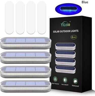 Daily Deals Depot IP68 Waterproof Solar LED Deck Lights, Wireless Stick On Outdoor Step Dock Driveway Lights, 3 Lighting Colors 4pcs Blue