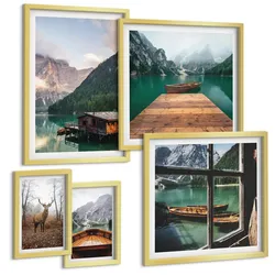 BILDER SET 5er Set - 50x50 cm & 20x30 cm & 40x60 cm Goldrahmen - Berglandschaften, Ferienhäuser, Boote