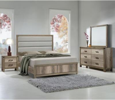 Esofastore 4pc Weathered Gray Finish Panel Upholstered Bed Dresser Mirror Nightstand Set Furniture