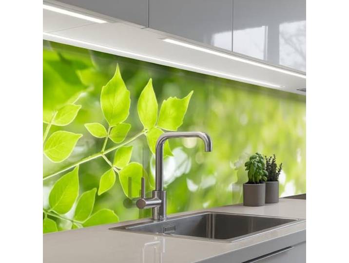 KitchenYeah© Küchenrückwand Selbstklebend Küchenspritzschutz Rückwand 60x250 cm - Wandschutz Ohne Bohren Spritzschutz Wand Wandverkleidung Natur - Frühling - Grün - Blätter