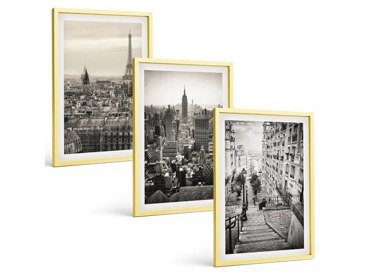 BILDER SET 3er Set - 40x60 cm Goldrahmen - Aussicht Paris New York Treppen