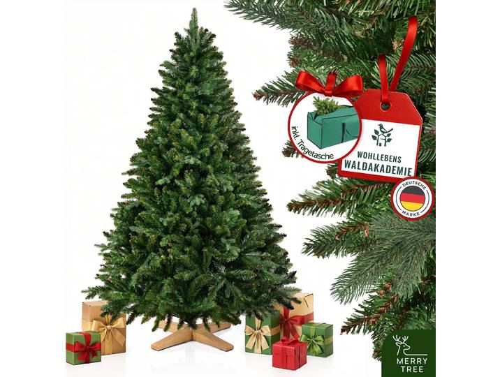 Merry Tree Premium künstlicher Weihnachtsbaum 210 cm - großer Weihnachtsbaum Spritzguss 210 - Mix aus naturgetreuem PE + PVC + edlen Holzfuß - Stamm im natürlichen Look - edle Nordmanntanne künstlich