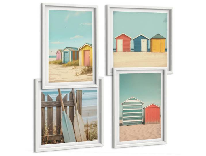 Tulup Bilder SET 4er Set - 50x50 cm & 40x60 cm Weißer Rahmen - Bunte Strandhäuser, Kunststoff, Rechteckig, 50x50 cm, Fotografie, Bilder & Rahmen, Bilder