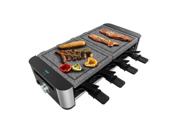 Cecotec Raclette Cheese&Grill 16000 Inox AllStone\, 8 personnes\, Grill de 1400 W\, Thermostat réglable\, Surface mixte grill-plancha 40 x 22 cm\, Plaque en pierre naturelle\, 8 poêlons et 8 spatules.
