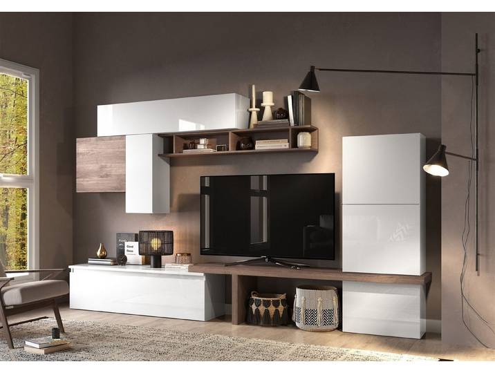 freiraum Wohnwand Ilary, in Weiss Hochglanz Lack / Mercure Holzstruktur Nachbildung