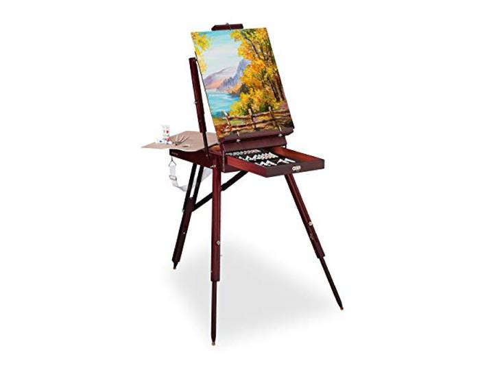 Relaxdays Valise chevalet en Bois\, 35 pièces\, pinceaux\, Palette de mélange\, Toile\, Couleurs acryliques et Huile\, Brun