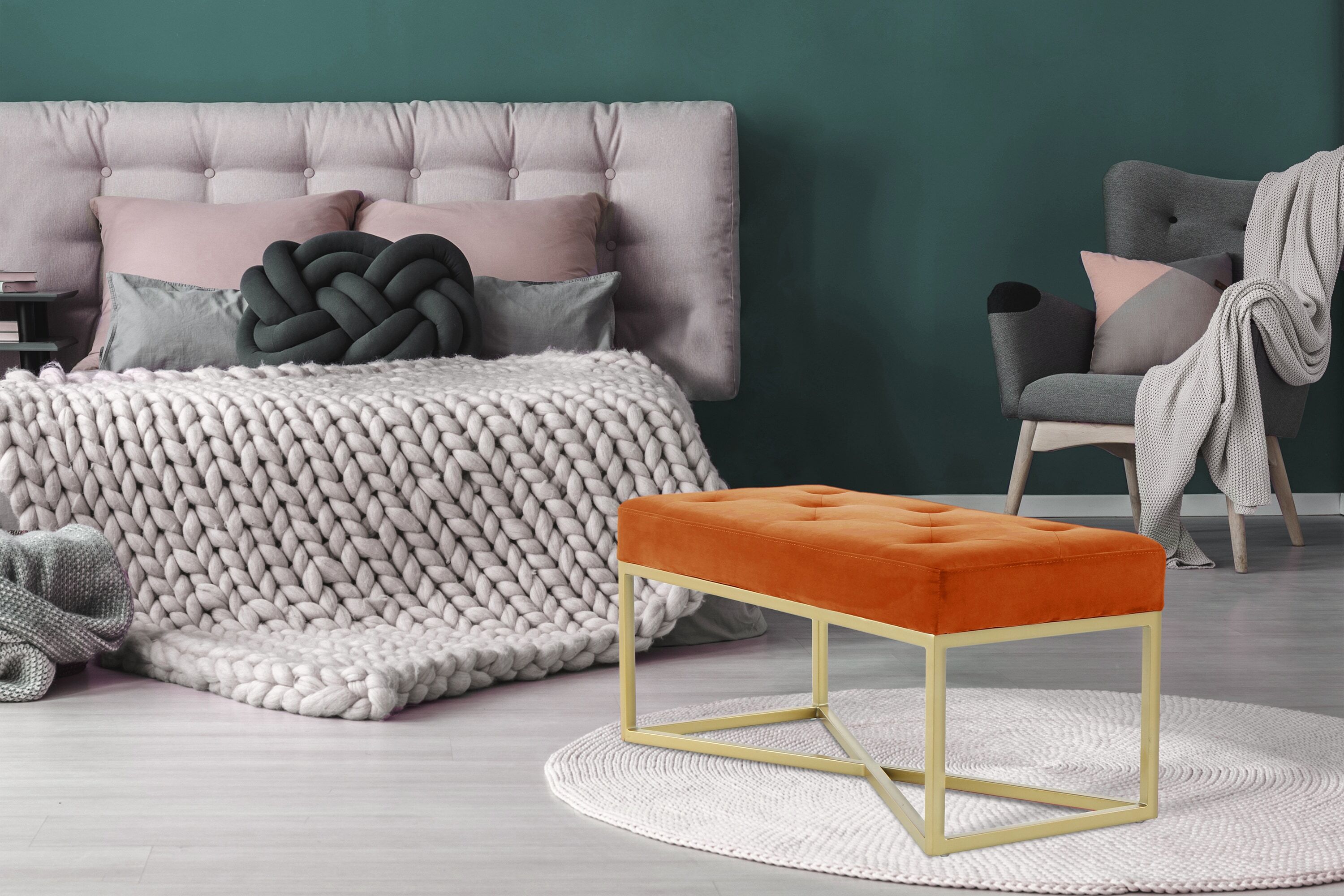 Hockerbank KAYOOM "Cameron 125, glamouröses Design, glänzenden Metallfüssen, in Samt-Look", orange (orange, gold), B:90cm H:40cm T:40cm, Bezug:Polyester (Samt) Korpus:MDF, Sperrholz Gestell:Eisen, Hocker, Hockerbank, bequem, elegant, mit Zierknöpfen, Gold